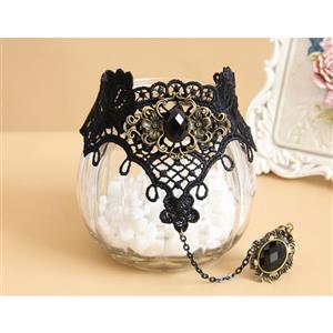 Gothic Black Floral Lace Wristband Black Gem Bracelet with Ring J18107