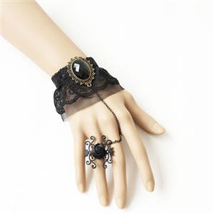 Gothic Black Floral Lace Wristband Gem Bracelet with Rose Ring J18106