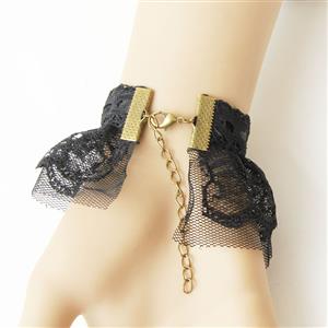 Gothic Black Floral Lace Wristband Gem Bracelet with Rose Ring J18106
