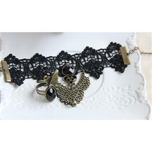 Gothic Black Floral Lace Wristband Black Heart Gem Bracelet with Ring J18081