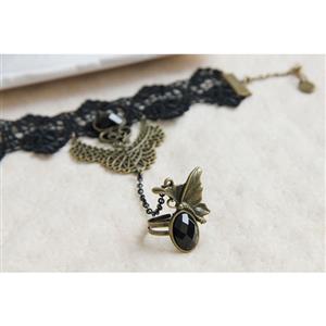 Gothic Black Floral Lace Wristband Black Heart Gem Bracelet with Ring J18081
