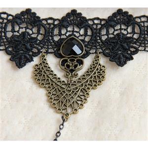 Gothic Black Floral Lace Wristband Black Heart Gem Bracelet with Ring J18081