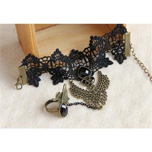 Gothic Black Floral Lace Wristband Black Heart Gem Bracelet with Ring J18081