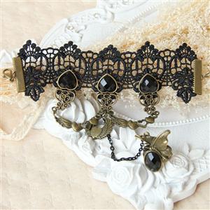 Gothic Black Floral Lace Wristband Black Heart Gem Bracelet with Ring J18082