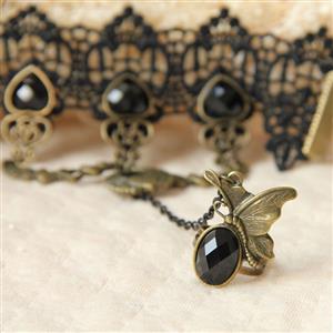 Gothic Black Floral Lace Wristband Black Heart Gem Bracelet with Ring J18082