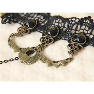 Gothic Black Floral Lace Wristband Black Heart Gem Bracelet with Ring J18082