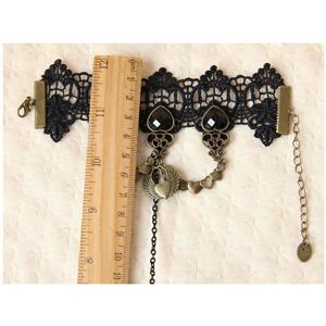 Gothic Black Floral Lace Wristband Black Heart Gem Bracelet with Ring J18082