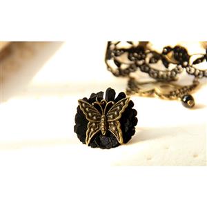 Gothic Black Floral Lace Wristband Masker Charms Bracelet with Butterfly Ring J18115