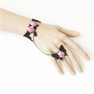 Gothic Black Lace Wristband Pink Rose Bracelet with Butterfly Ring J18105