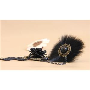 Gothic Black Floral Lace Wristband Rose Bracelet with Furry Ring J18096