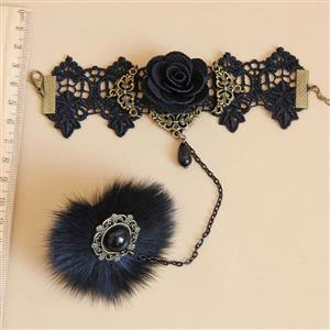 Gothic Black Floral Lace Wristband Rose Bracelet with Furry Ring J18096