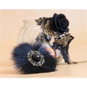 Gothic Black Floral Lace Wristband Rose Bracelet with Furry Ring J18096