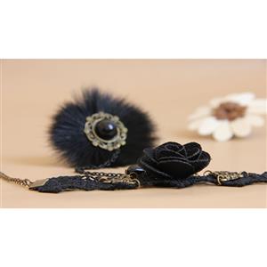 Gothic Black Floral Lace Wristband Rose Bracelet with Furry Ring J18096