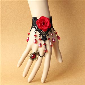 Gothic Red Rose Wristband Red Beads Embellished Bracelet with Ruby Ring J18168