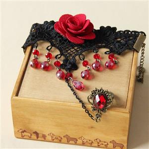 Gothic Red Rose Wristband Red Beads Embellished Bracelet with Ruby Ring J18168