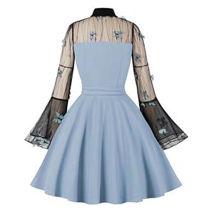 Light-blue Lapel See-through Mesh Floral Embroidered Horn Sleeve Stitching A-line Dress N22994