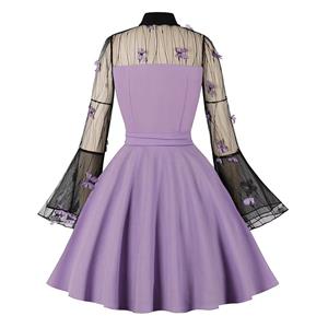 Light-purple Lapel See-through Mesh Floral Embroidered Horn Sleeve Stitching A-line Dress N22993