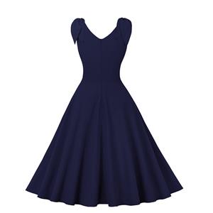 Vintage Elegant Mazarine Sleeveless V Neck High Waist Lace-Up A-line Dress N22470