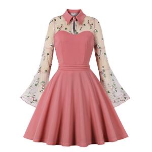 Retro Pink Lapel See-through Mesh Floral Embroidered Flare Sleeve Stitching A-line Dress N22455