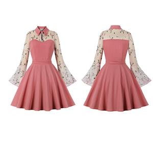 Retro Pink Lapel See-through Mesh Floral Embroidered Flare Sleeve Stitching A-line Dress N22455