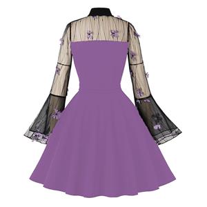 Purple Lapel See-through Mesh Floral Embroidered Horn Sleeve Stitching A-line Dress N22992