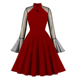 Vintage Red Half-high Collar Mesh Flare Sleeve Stitching A-line Midi Dress N23138