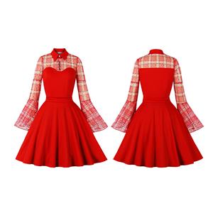 Vintage Red Lapel See-through Mesh Round Dot Grid Flare Sleeve Stitching A-line Dress N22471