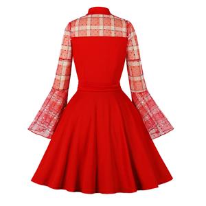 Vintage Red Lapel See-through Mesh Round Dot Grid Flare Sleeve Stitching A-line Dress N22471