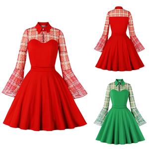 Vintage Red Lapel See-through Mesh Round Dot Grid Flare Sleeve Stitching A-line Dress N22471