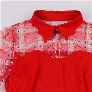 Vintage Red Lapel See-through Mesh Round Dot Grid Flare Sleeve Stitching A-line Dress N22471