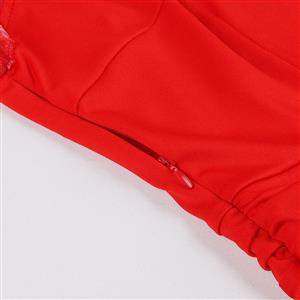 Vintage Red Lapel See-through Mesh Round Dot Grid Flare Sleeve Stitching A-line Dress N22471