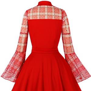 Vintage Red Lapel See-through Mesh Round Dot Grid Flare Sleeve Stitching A-line Dress N22471