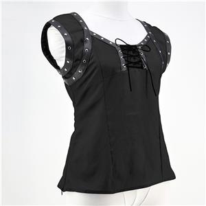 Gothic Style Rivet PU Leather Lace-up Short Sleeve Square Collar Crepe Blouse Top N18788