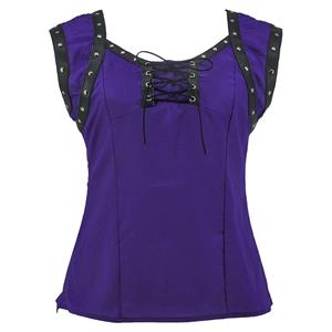 Gothic Style Rivet PU Leather Lace-up Short Sleeve Square Collar Crepe Blouse Top N18790