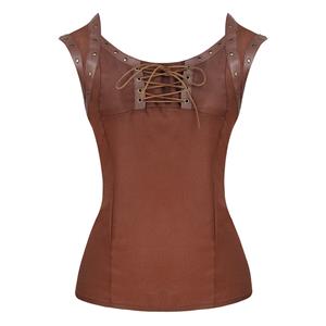 Punk Rivet PU Leather Lace-up Short Sleeve Square Collar Crepe Blouse Top N18949
