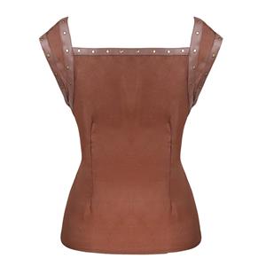 Punk Rivet PU Leather Lace-up Short Sleeve Square Collar Crepe Blouse Top N18949