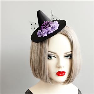 Gothic Purple Roses and Mesh Witch Pointed Hat Fascinator Party Hair Clip Hairpin Accessory J18801