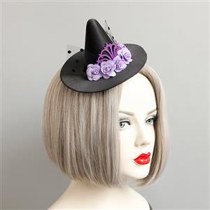 Gothic Purple Roses and Mesh Witch Pointed Hat Fascinator Party Hair Clip Hairpin Accessory J18801