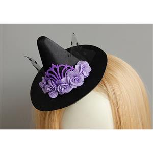 Gothic Purple Roses and Mesh Witch Pointed Hat Fascinator Party Hair Clip Hairpin Accessory J18801