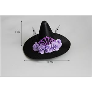 Gothic Purple Roses and Mesh Witch Pointed Hat Fascinator Party Hair Clip Hairpin Accessory J18801