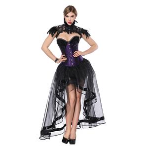 Victorian Gothic Purple Satin Feather Overbust Corset with High Low Skirt Set N18222