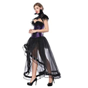 Victorian Gothic Purple Satin Feather Overbust Corset with High Low Skirt Set N18222