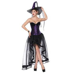 Victorian Gothic Purple Satin Feather Overbust Corset with High Low Skirt Set N18222