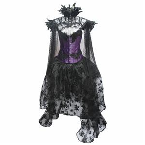 Victorian Gothic Satin Overbust Corset Feather Collar Shrug Organza High Low Skirt Set N19602