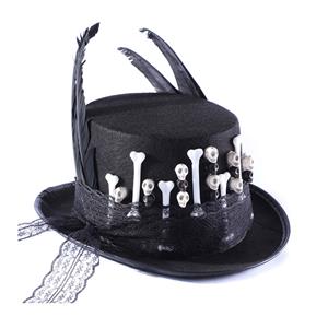 Gothic Unisex Skeletons Bones And Feather Lace Halloween Costume Handmade Top Hat J21211