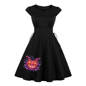 Cute Swing Dress, Retro Small Pumpkin Devil Embroidery Dresses for Women 1960, Vintage Dresses 1950's, Summer Dress, Gothic Small Pumpkin Devil Halloween Dresses for Women, Halloween Party Dress, #N23398