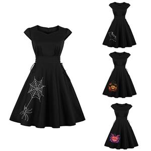 Gothic Small Pumpkin Devil Embroidered Side Lace-up High Waist Halloween Party Midi Dress N23398