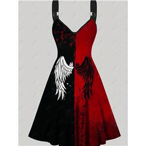 Fashion Party Cosplay Dress, Fashion Casual Lady Dress, Fashion Midi Dresses for Women, Sleeveless Midi Dress, V Neck Halloween Midi Dress, Gothic V Neck Wings Printed Spaghetti Straps High Waist Halloween Midi Dress,#N23133