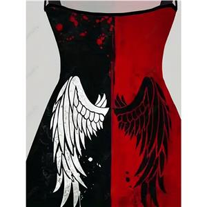 Gothic V Neck Wings Printed Spaghetti Straps High Waist Halloween Midi Dress N23133