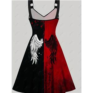 Gothic V Neck Wings Printed Spaghetti Straps High Waist Halloween Midi Dress N23133